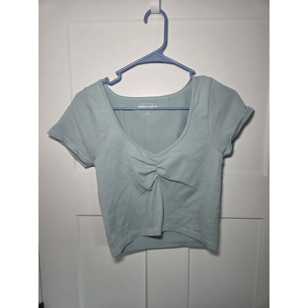Aeropostale Buttery Soft Seamless Ribbed V-Neck Ruched Crop Top Light Blue Large